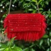Bolso de crochet rojo carmín con plumas y cadena dorada