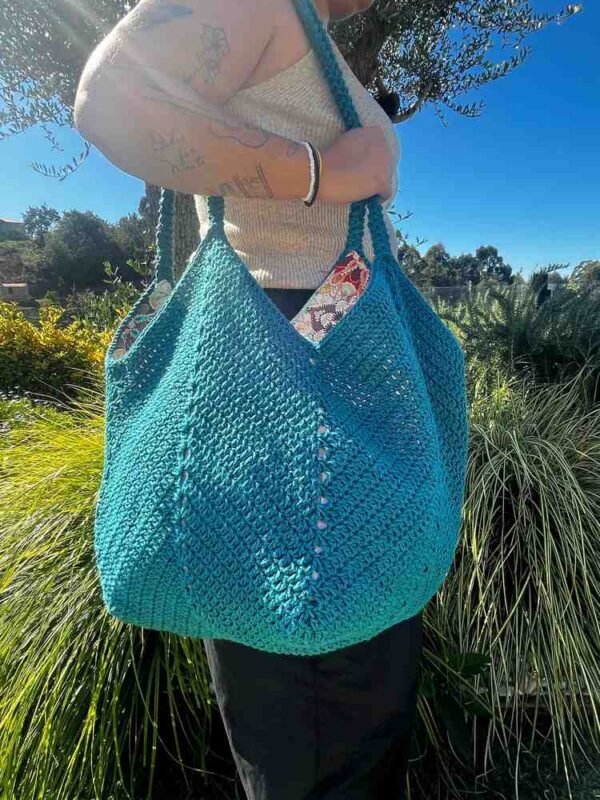 bolso turquesa 3 comprimido menos 100kb Bolso shopper de crochet azul petróleo con asas largas