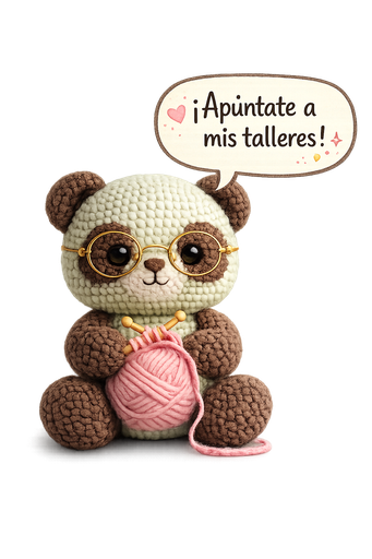 Amigurumi de panda con el mensaje «¡Apúntate a mis talleres!»