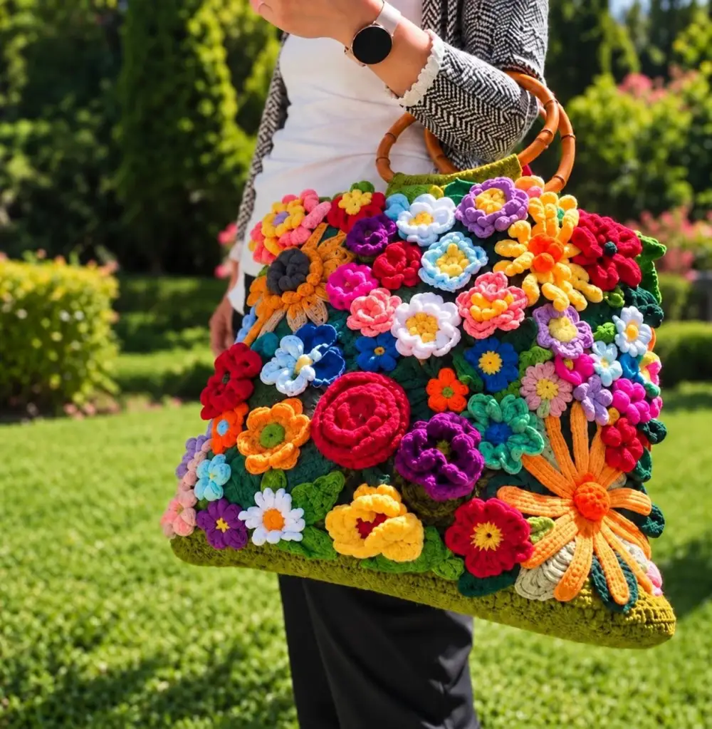 Bolso de crochet cubierto de flores de colores con asas de bambú