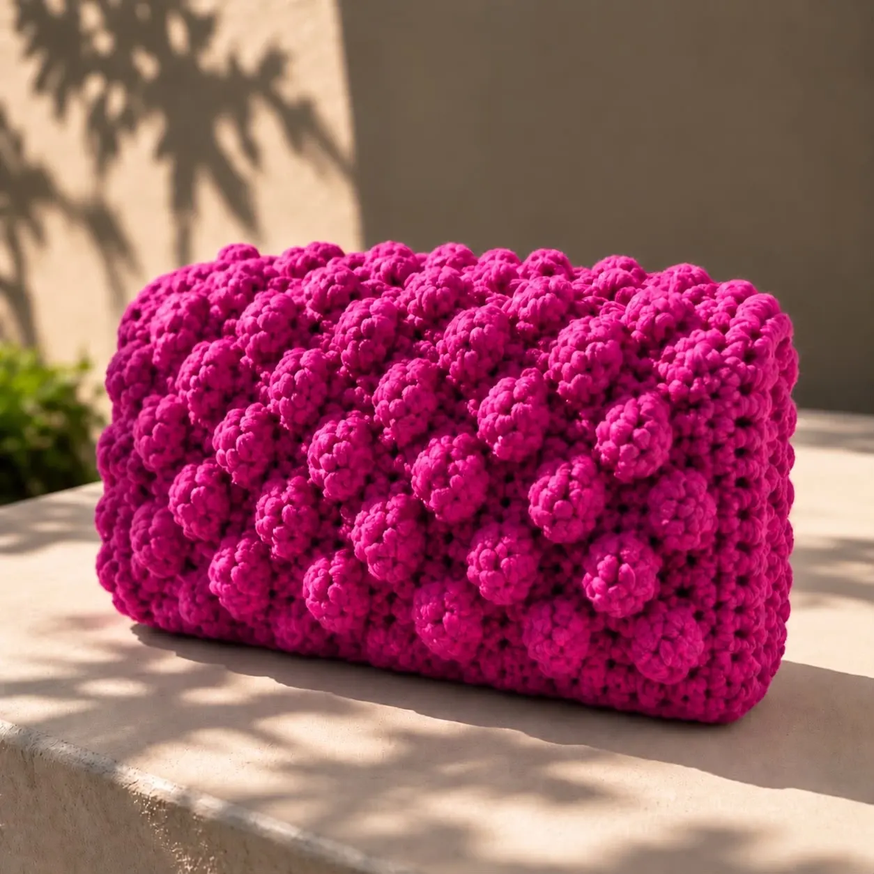 Clutch de crochet fucsia con relieve de bolitas