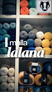 Estanterías de ovillos del estudio de malla-lalana con el escudo del tejón de la peña Teixugos Celestes